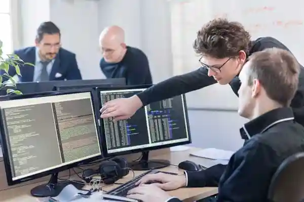 Two programmers looking at monitors for systems integration